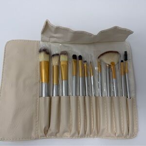 12 PC Gold Silver Makeup Brush Set with Beige Travel Case, Synthetic Fiber